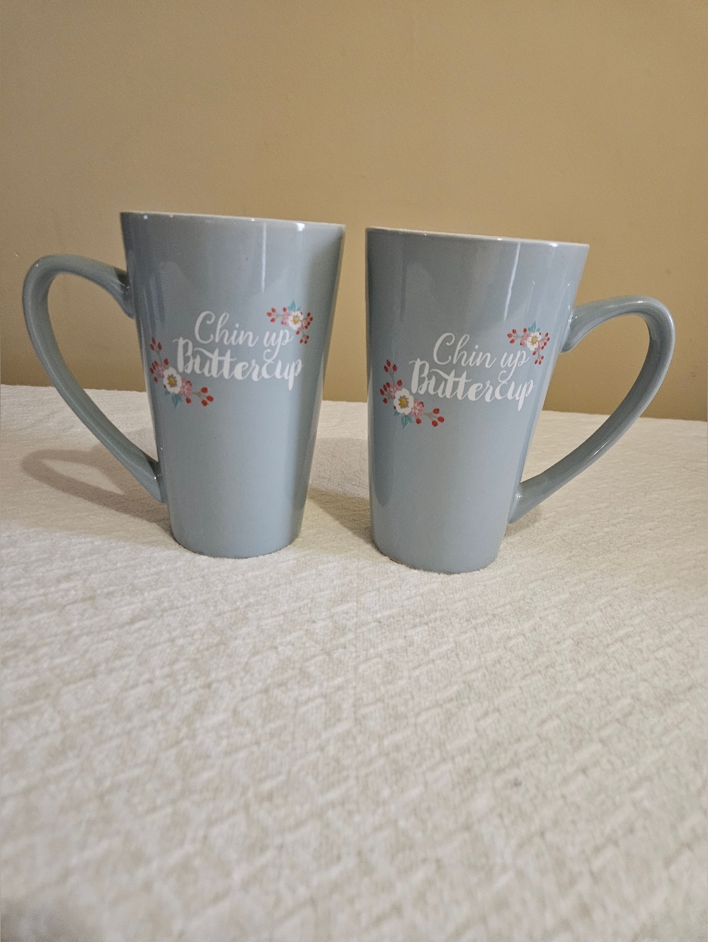 Chin Up Buttercup Latte Mug Set of 2 Blue Hope Floral Tall Ceramic Coffee Cups